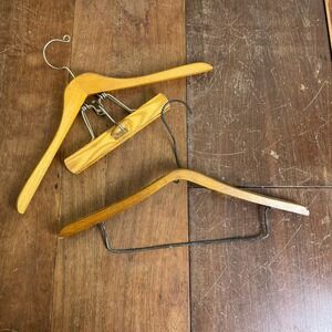 Pair‎ (2) vintage solid wood & metal adult standard clothes hangers advertising